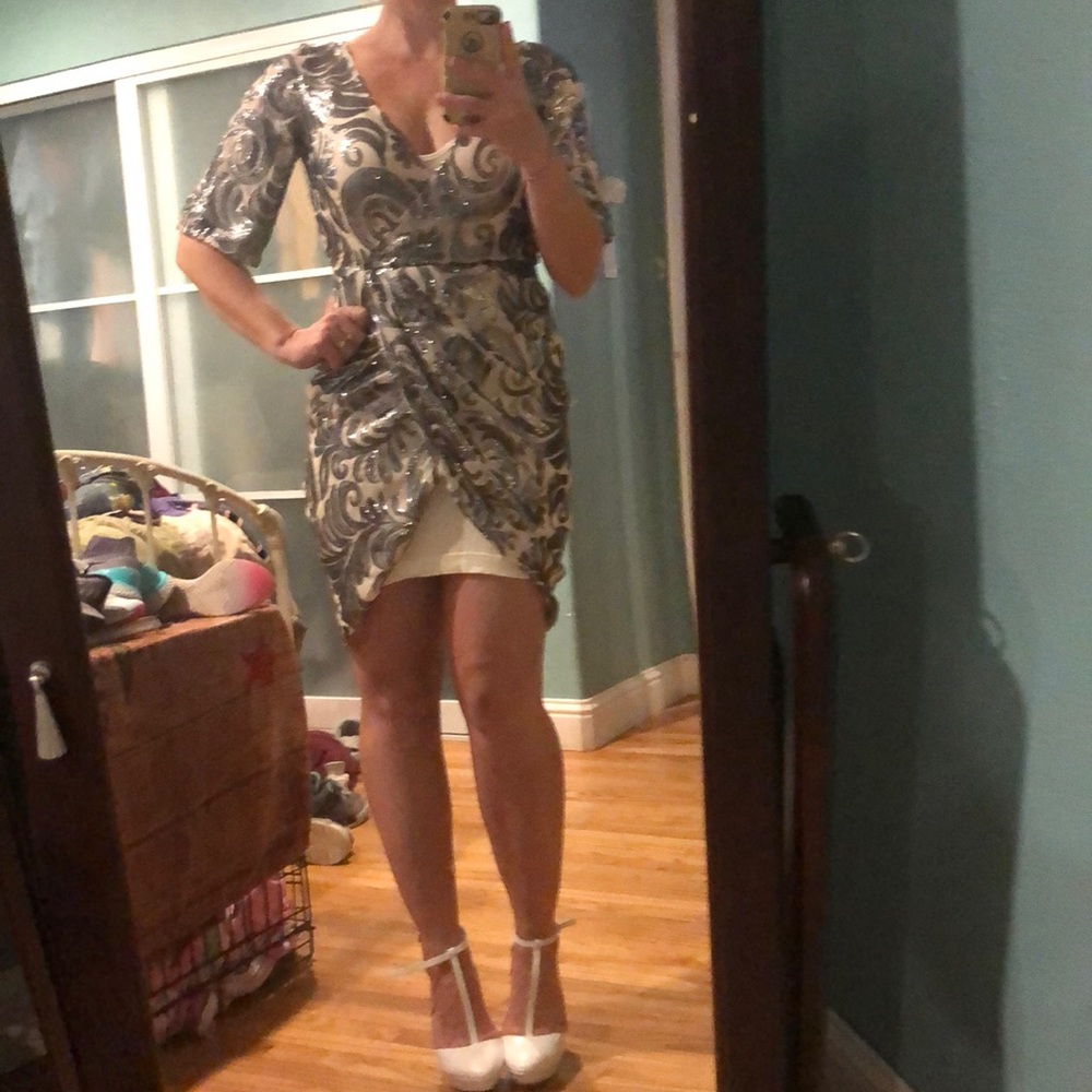 ASOS sequin floral mid length wrap dress